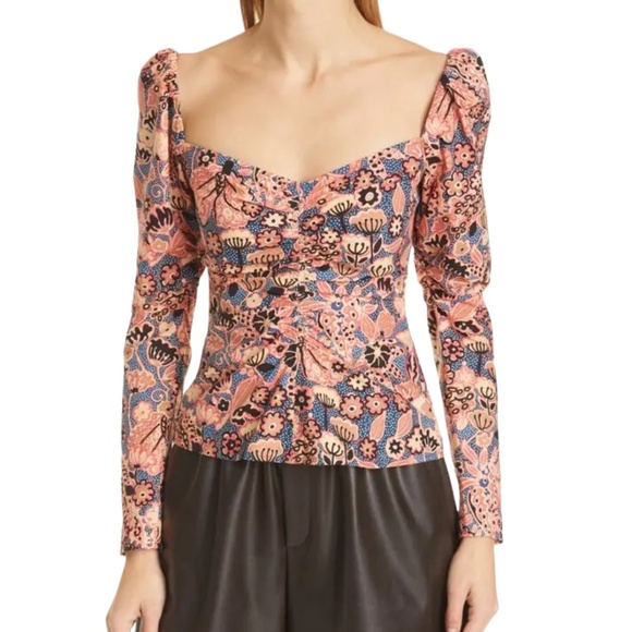 A.L.C. Chandler Floral Cotton Sweethear Top Dark Navy/Chestnut Size 4 - Picture 3 of 11